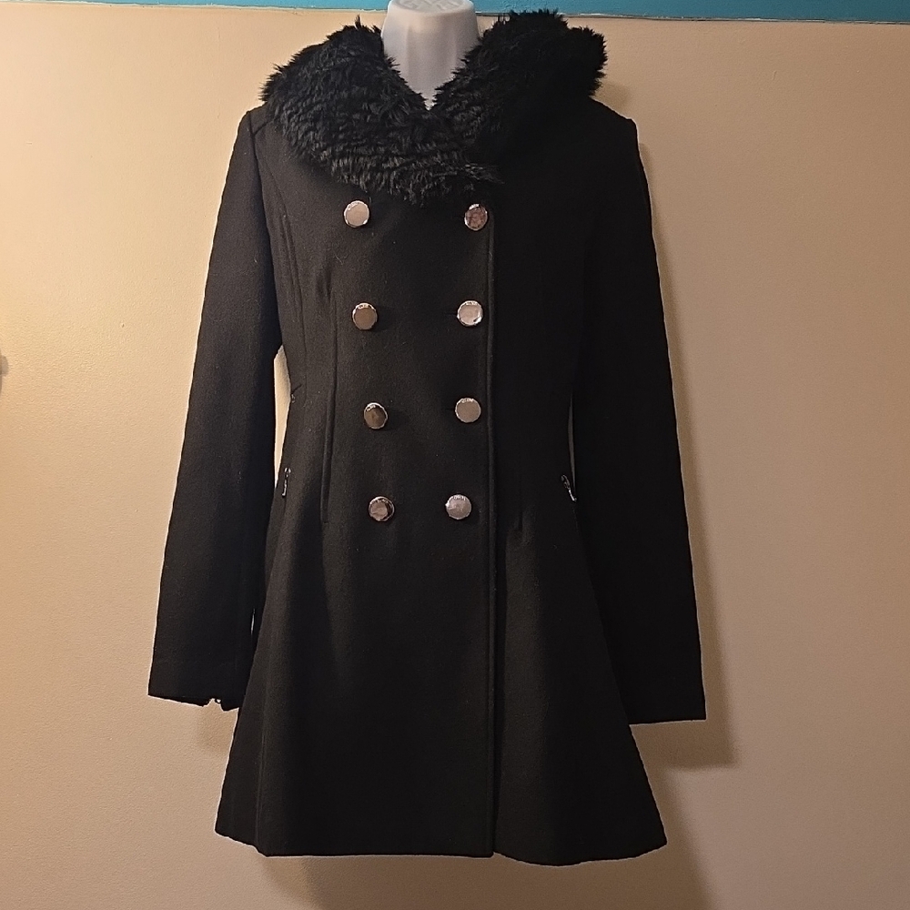 Guess Black Pea Coat with Faux Fur Collar